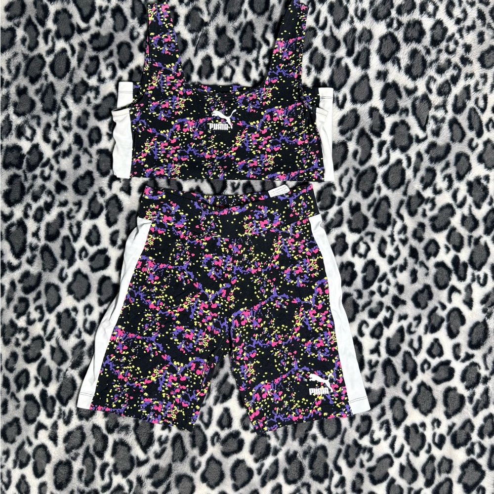 Puma Black and Purple Patterned Shorts and crop top set